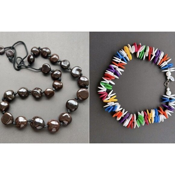 Beaded Necklace set Of 2 - brown Kukui nut Hawaiian, Multicolor Plastic Disks - Picture 1 of 9